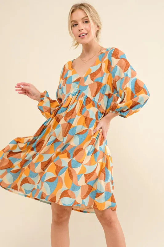 And The Why Printed Open Back Puff Sleeve Casual Dress Vibrant Flirty - NeoKira Unlimited