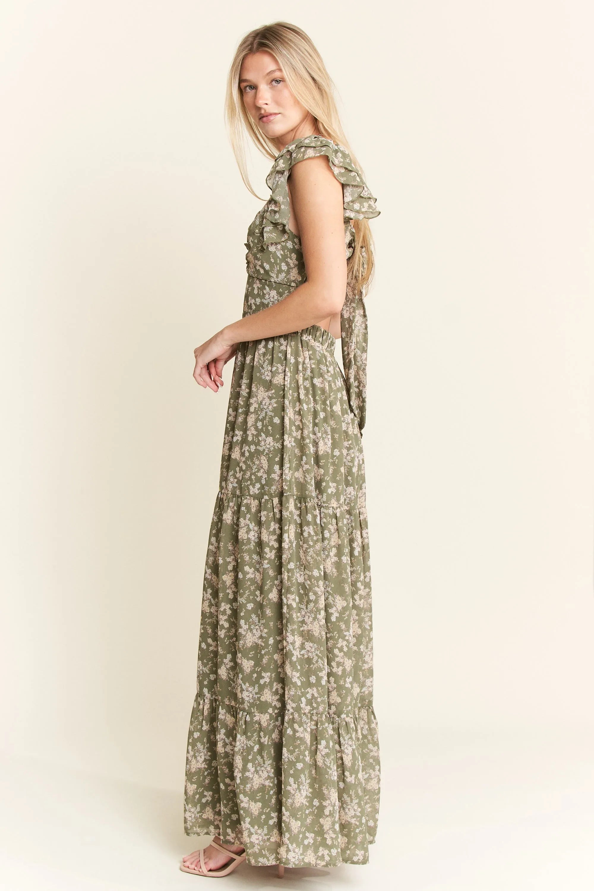 Jade By Jane Sage Green Floral Smocked Tiered Ruffle Sleeves Maxi Dress - NeoKira Unlimited
