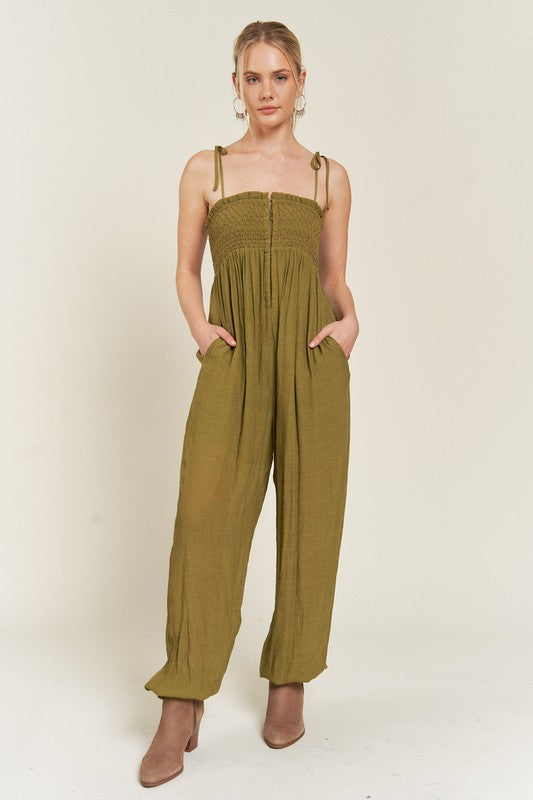 Jade By Jane Smocked Tie Strap Jumpsuit Jumpsuits Jade By Jane   