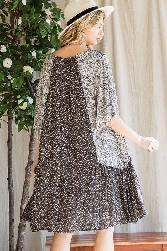 Jade By Jane Boho Chic Relaxed Fit Color Block Floral Print V-Neck Ruffle Dress Plus Size - NeoKira Unlimited