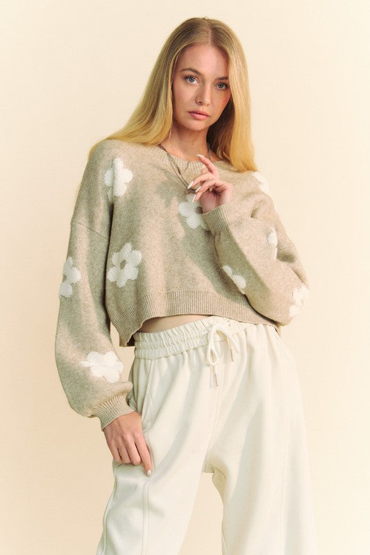 Davi & Dani Floral Drop Shoulder Cropped Sweater - NeoKira Unlimited