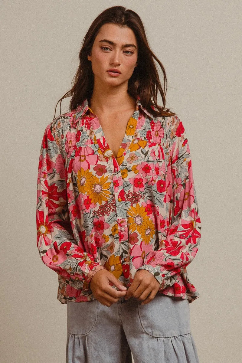 BiBi Tropical Floral Button-Up Blouse Vibrant Long Sleeve Relaxed Fit Top - NeoKira Unlimited