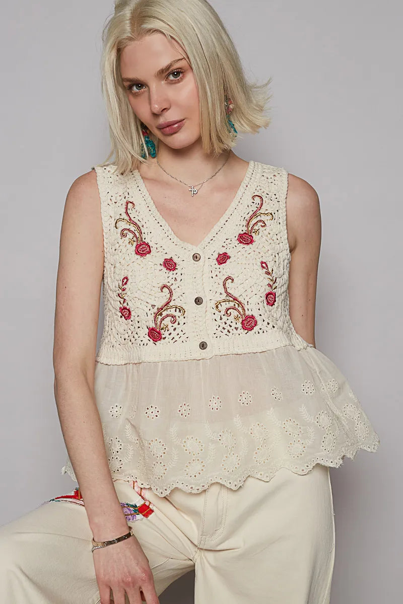 POL Embroidered Detail V-Neck Eyelet Peplum Tank - NeoKira Unlimited