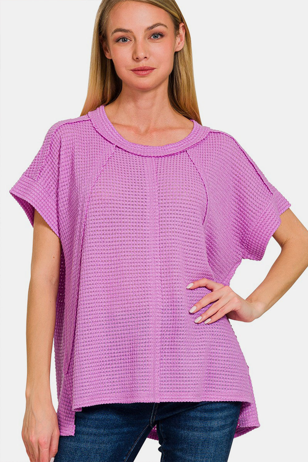 Zenana Waffle Exposed-Seam Short Sleeve T-Shirt T-Shirt Trendsi Lavender S/M 