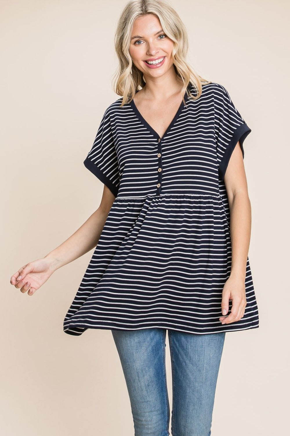 Cotton Bleu by Nu Label Striped Button Front Baby Doll Top Top Trendsi   