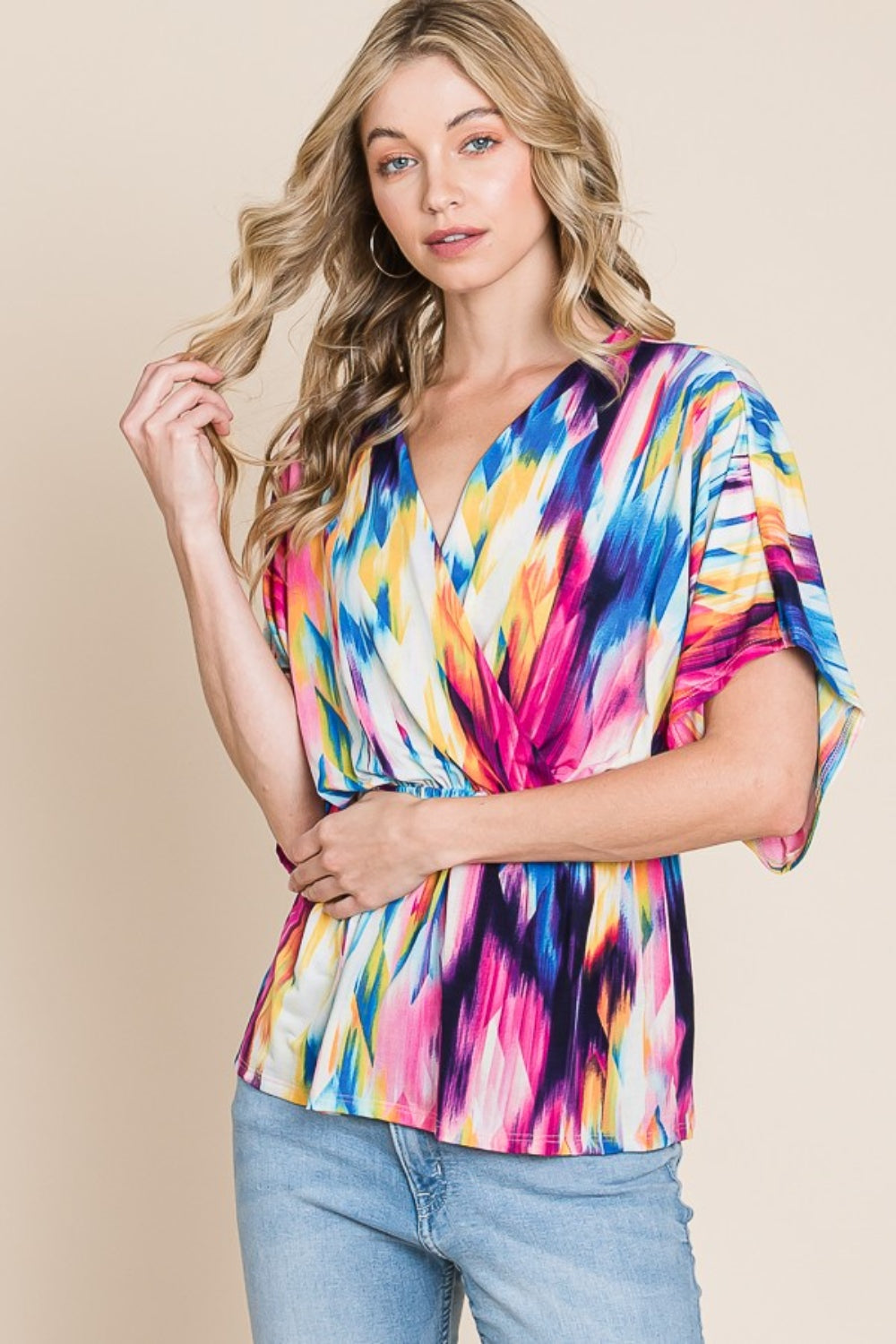 BOMBOM Printed Surplice Peplum Blouse Blouse Trendsi   