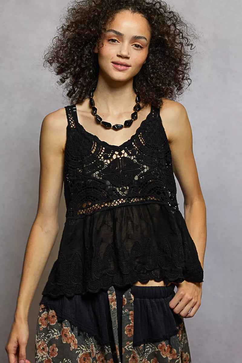 POL V-Neck Crochet Tank with Floral Embroidery Boho Chic Style - NeoKira Unlimited