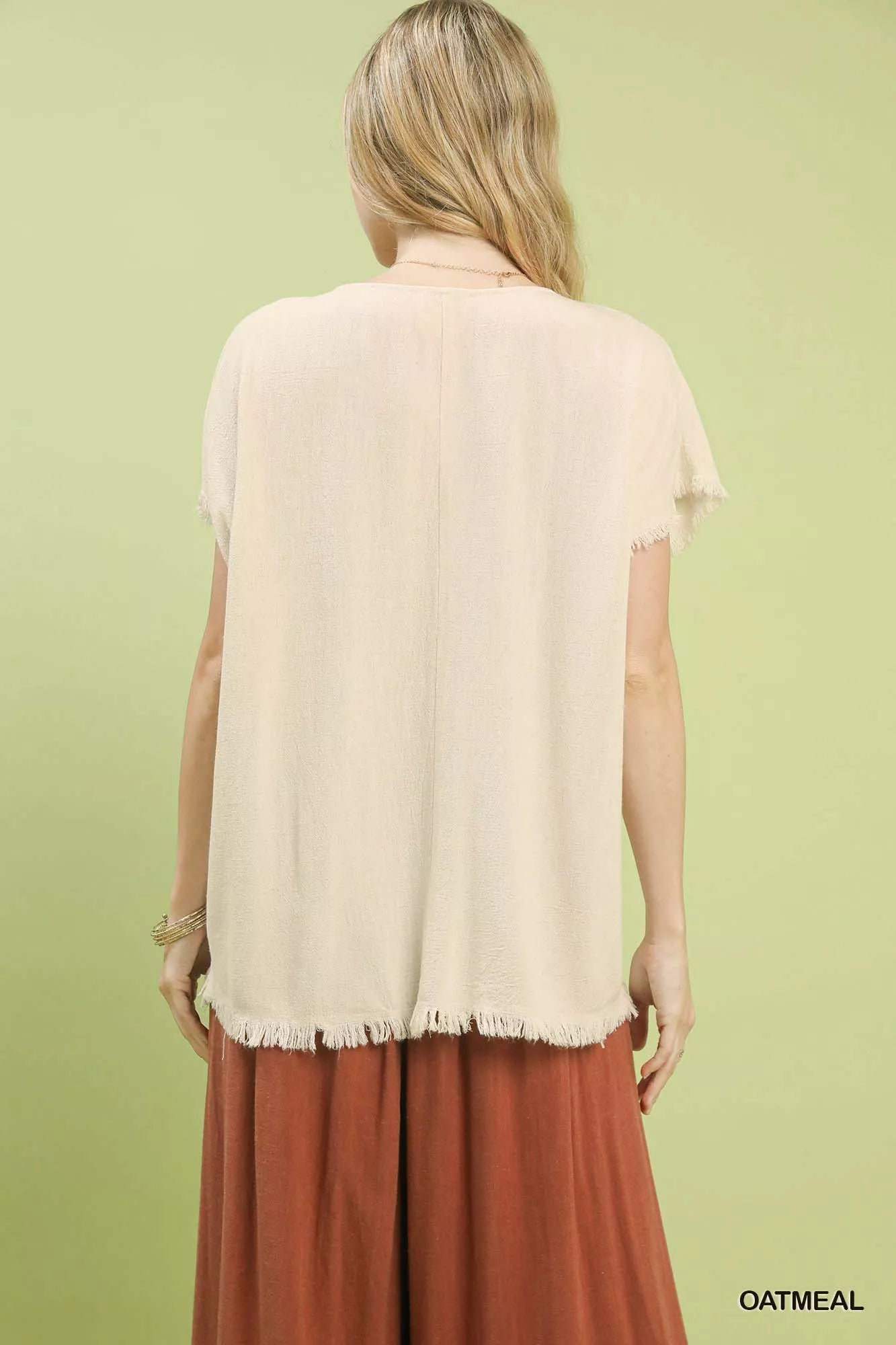 Umgee Linen Blend Embroidered Frayed Hem Top Boho Chic - NeoKira Unlimited