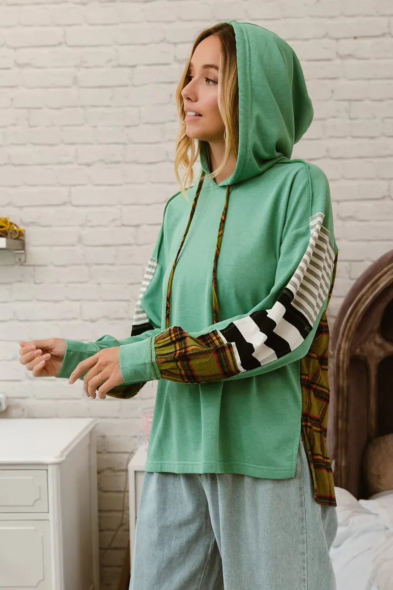 BiBi Plaid With Stripes Mix Match French Terry Hoodie - NeoKira Unlimited