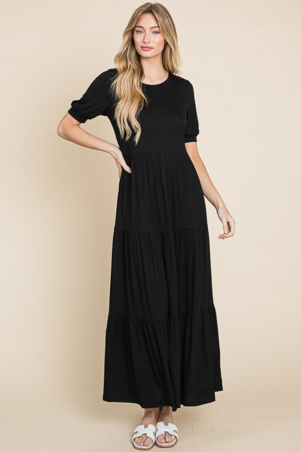 BOMBOM Short Sleeve Tiered Maxi Dress Maxi Dress Trendsi Black S 