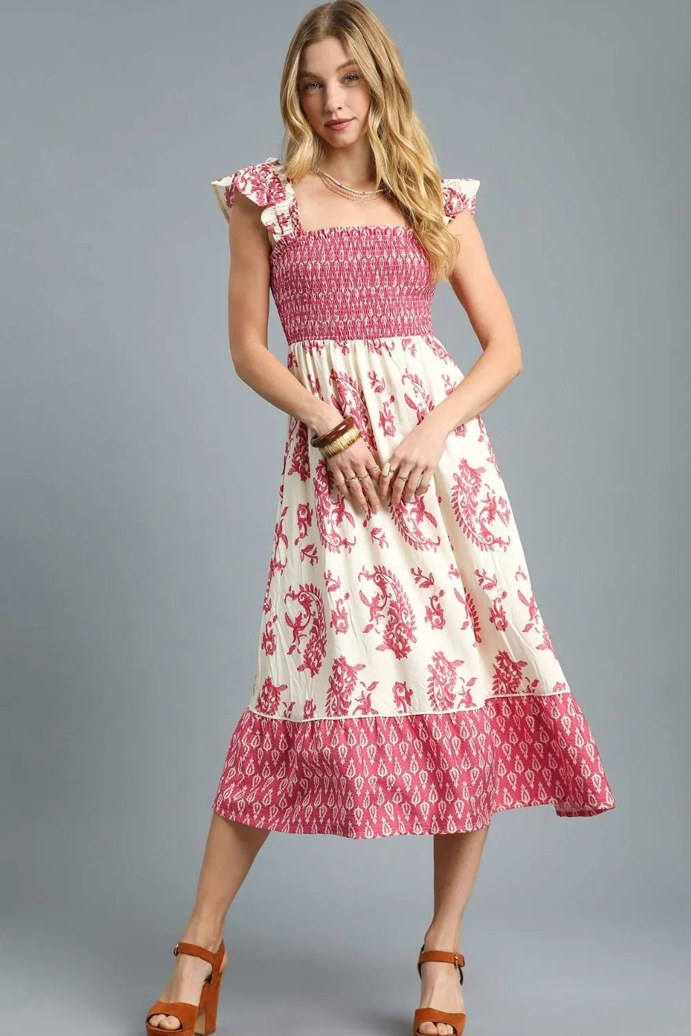 Umgee Boho Pink Smocked Floral Midi Dress Romantic Ruffle Elegance - NeoKira Unlimited