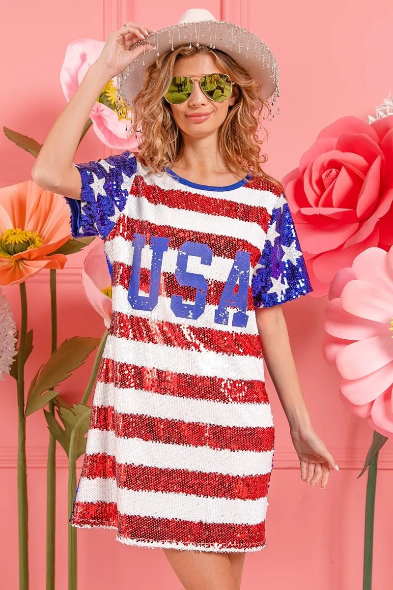 BiBi American Flag Theme Usa Print Sequin Dress - NeoKira Unlimited