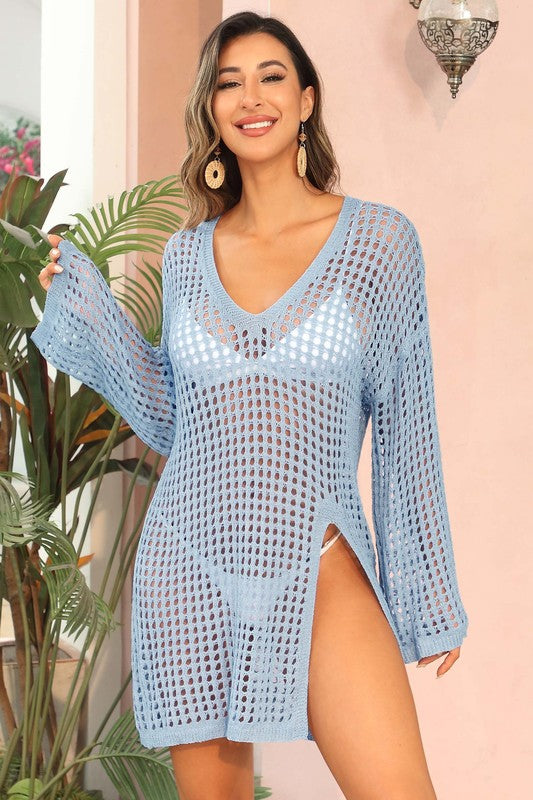 Boho Crochet Knit V-Neck Beach Cover-Up with Side Slits - NeoKira Unlimited