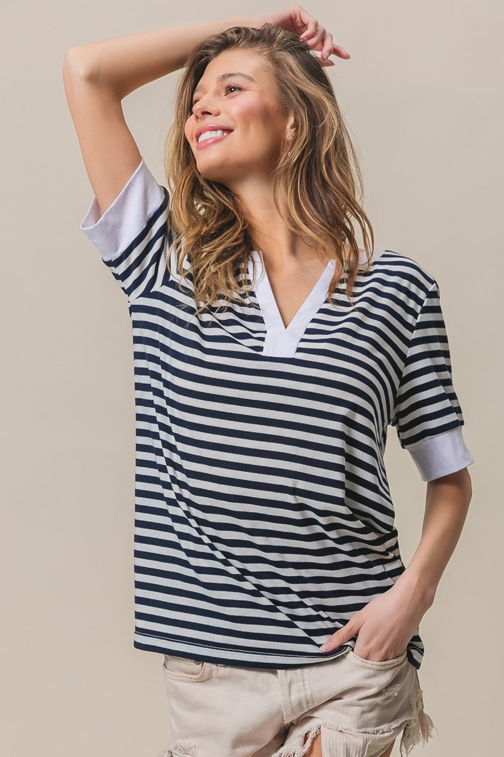 BiBi Contrast Striped Notched Knit Top - NeoKira Unlimited