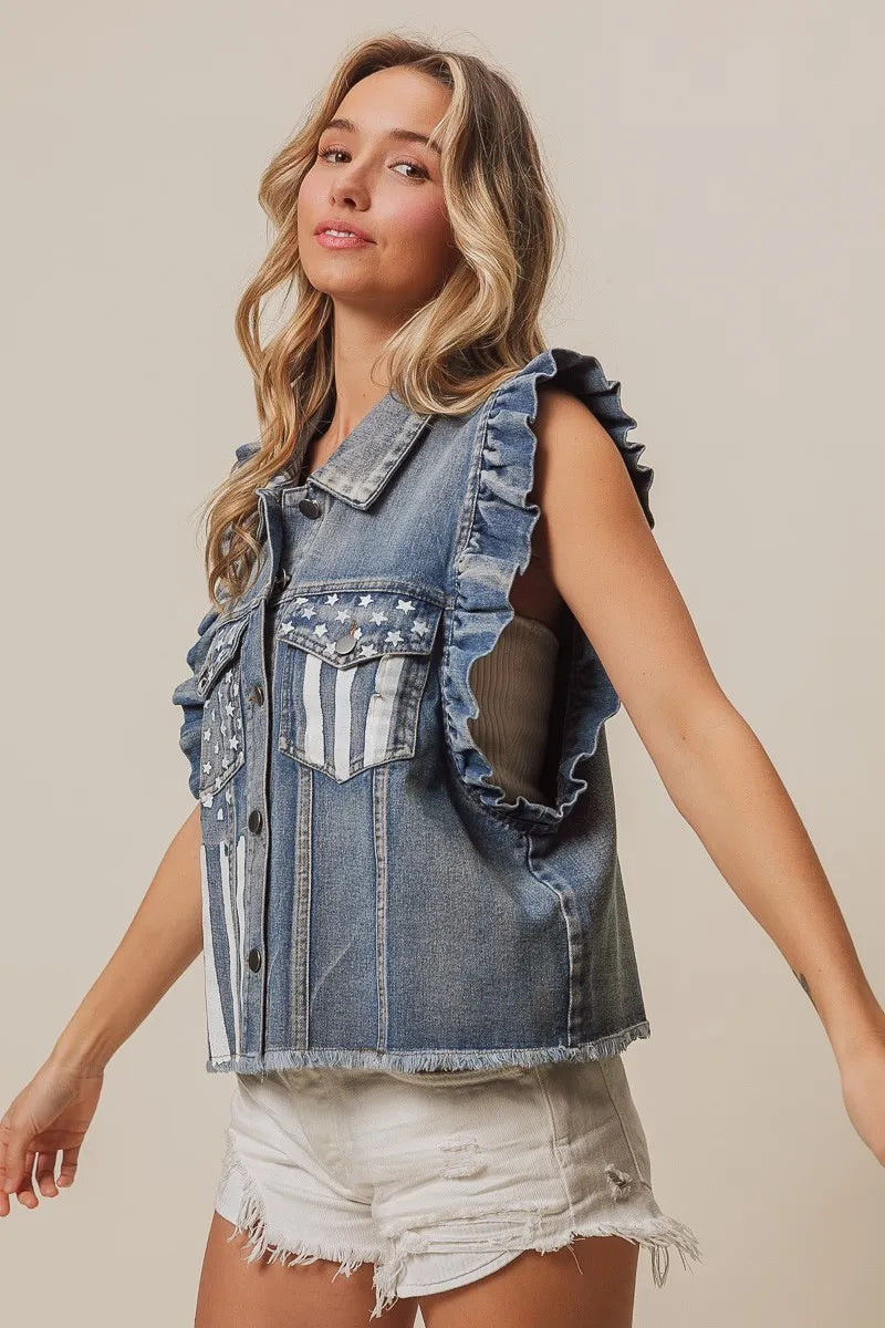 BiBi American Flag Washed Denim Jacket - NeoKira Unlimited