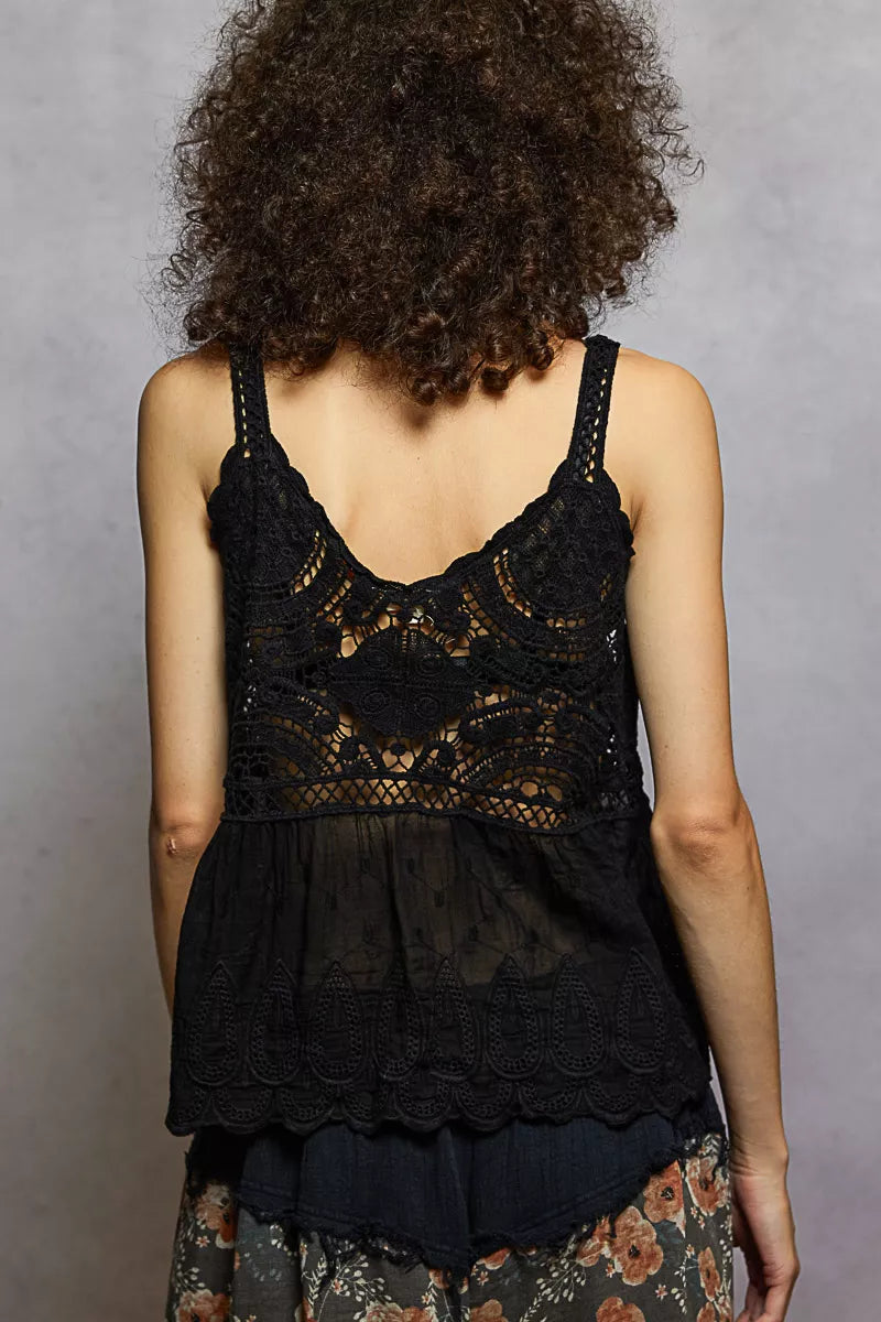 POL V-Neck Crochet Tank with Floral Embroidery Boho Chic Style - NeoKira Unlimited