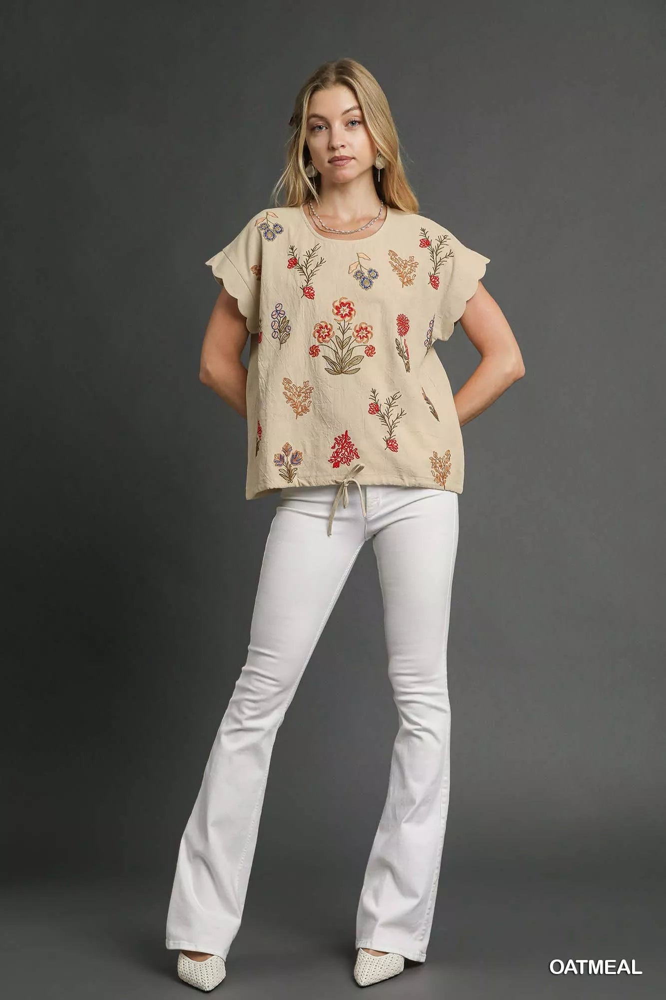 Umgee Boho Chic Embroidered Scallop Sleeve Top Drawstring Hem - NeoKira Unlimited