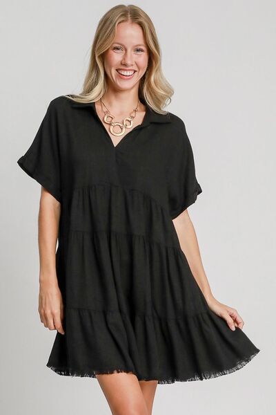 Umgee Full Size Raw Hem Folded Sleeve Tiered Dress Plus Size - NeoKira Unlimited