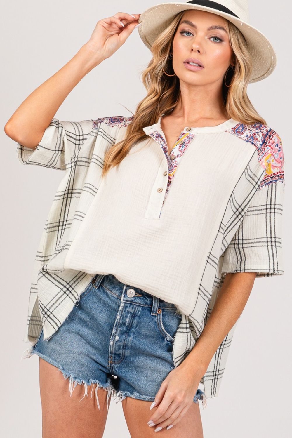 SAGE + FIG Plaid Half Button Gauze Top Top Trendsi Ivory S 