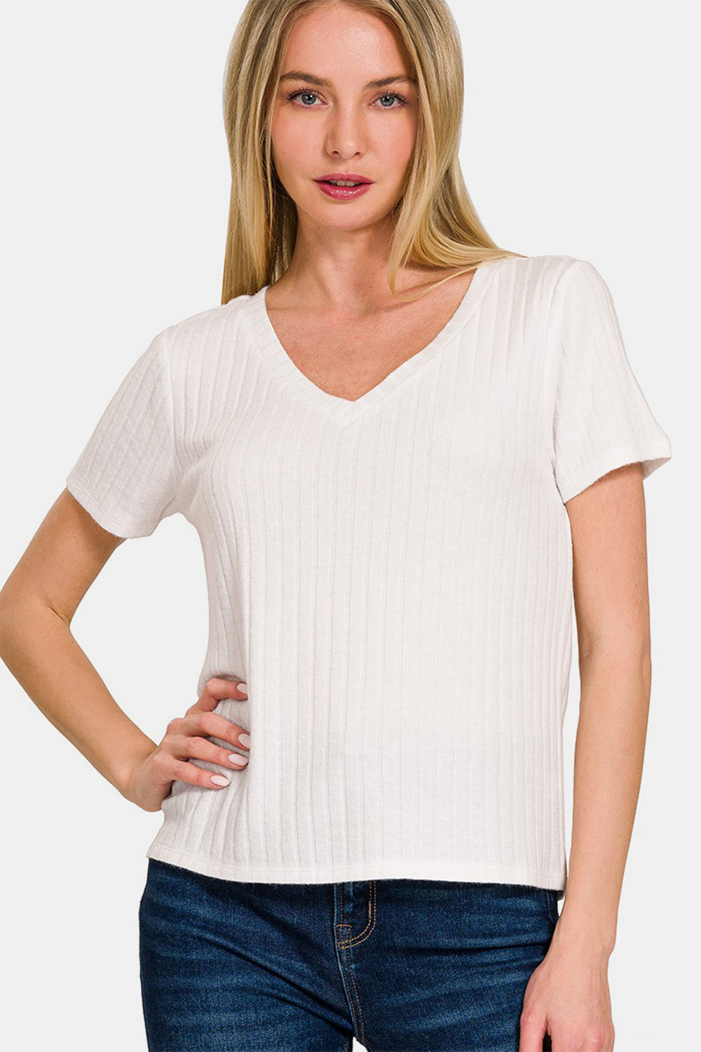 Zenana Ribbed Short Sleeve T-Shirt T-Shirt Trendsi Off White S 