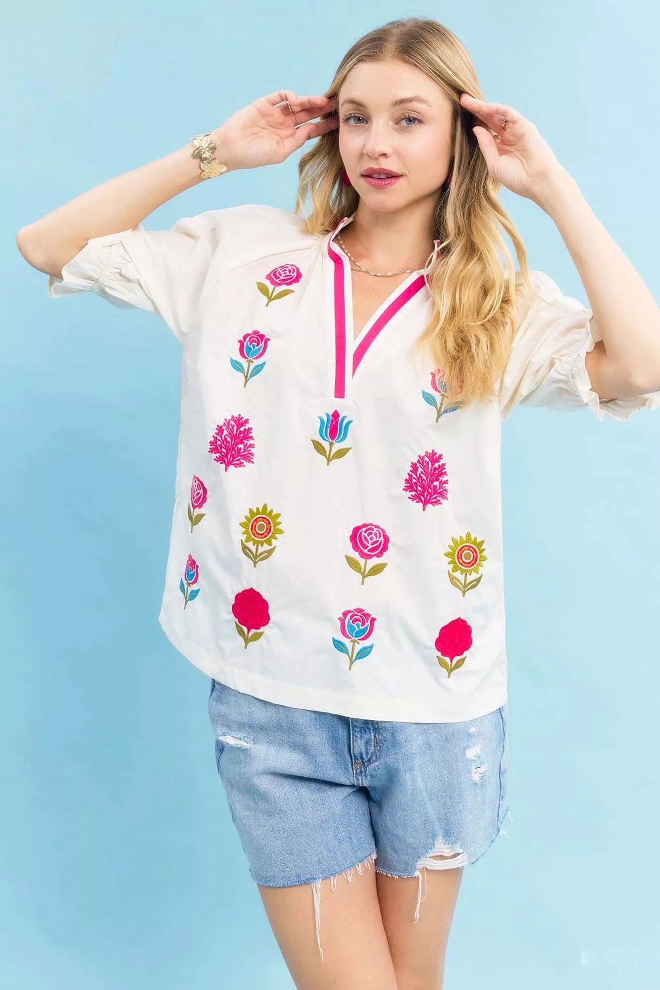 Umgee Embroidered Floral Top with Contrast Trim Boho Chic - NeoKira Unlimited