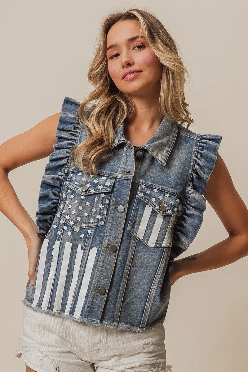 BiBi American Flag Washed Denim Jacket - NeoKira Unlimited
