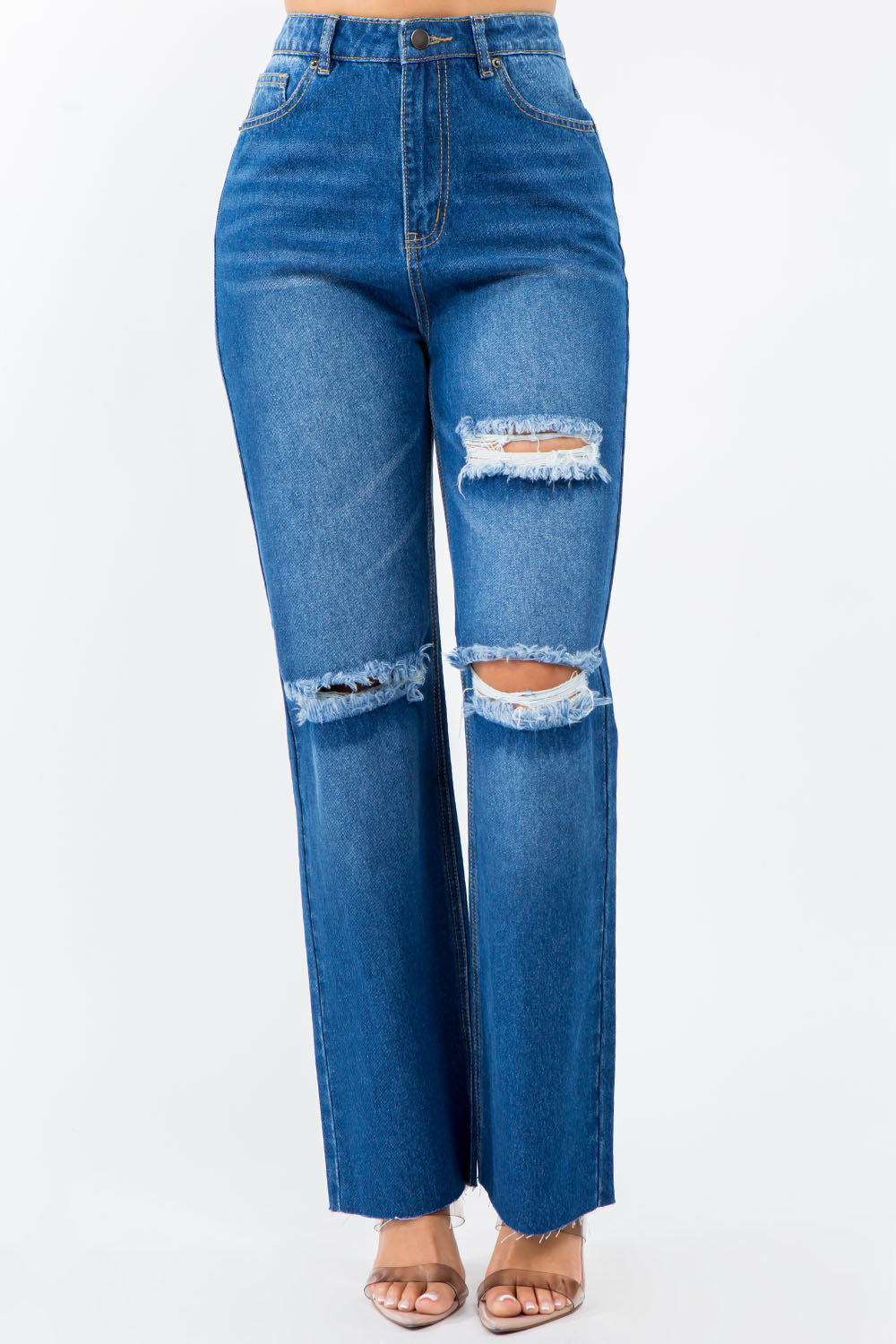 American Bazi High Waist Distressed Wide Leg Jeans Jeans Trendsi   