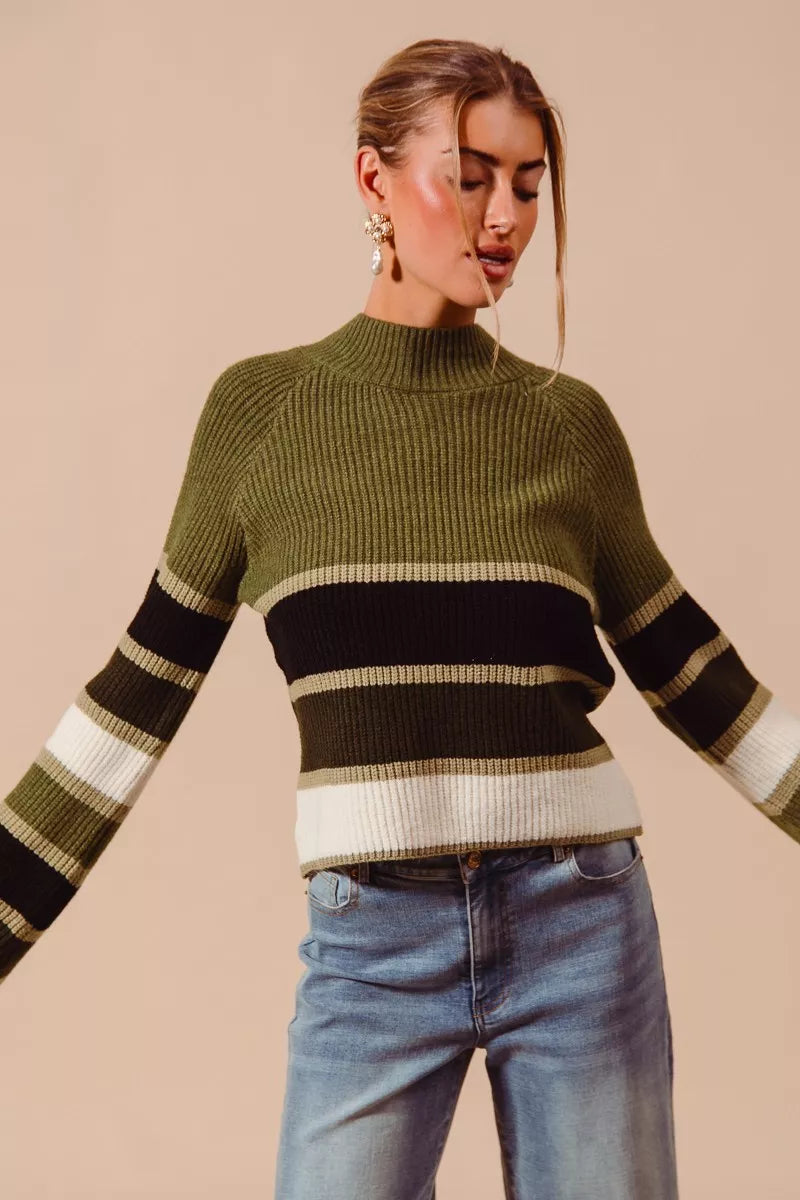 SO ME Playful Retro Multi Color Striped Mock Neck Sweater - NeoKira Unlimited