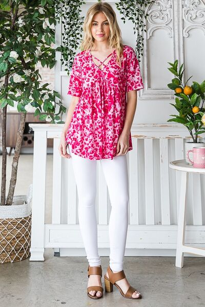 Heimish Full Size Short Sleeve Crisscross Animal Babydoll Top Plus Size - NeoKira Unlimited