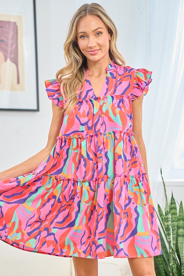 First Love Full Size Printed Ruffle Cap Sleeve Tiered Dress - NeoKira Unlimited