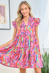 First Love Full Size Printed Ruffle Cap Sleeve Tiered Dress Mini Dress Trendsi Multi S 