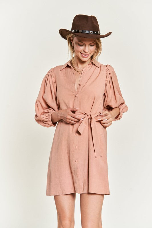 Jade By Jane Half Sleeve Belted Dress | Balloon Sleeve Linen Blend Elegance - NeoKira Unlimited
