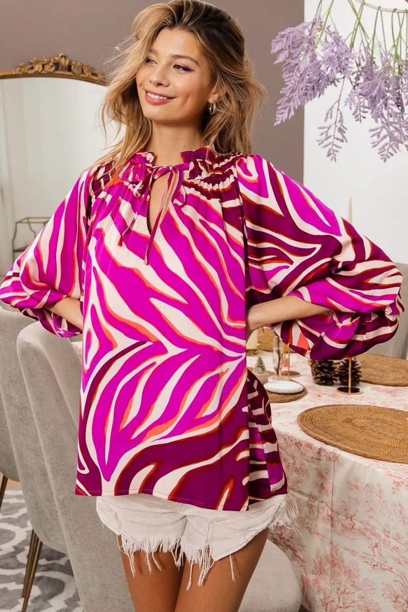 BiBi Tied Neck Half Balloon Sleeve Zebra Satin Top - NeoKira Unlimited