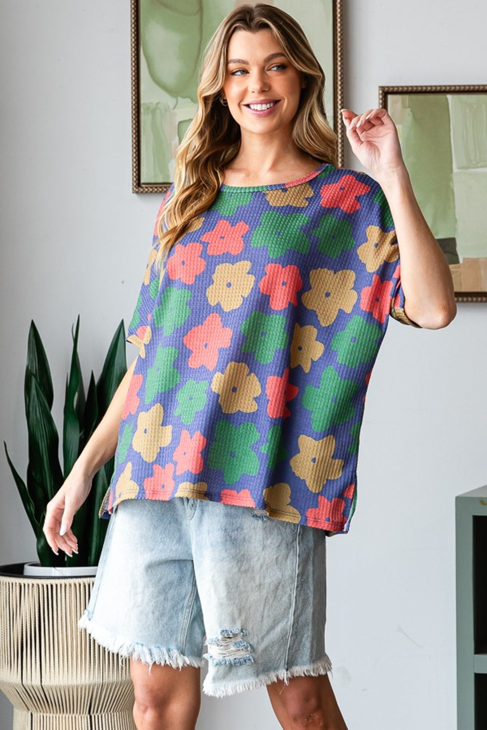 HOPELY Full Size Floral Round Neck Side Slit T-Shirt T-Shirt Trendsi   