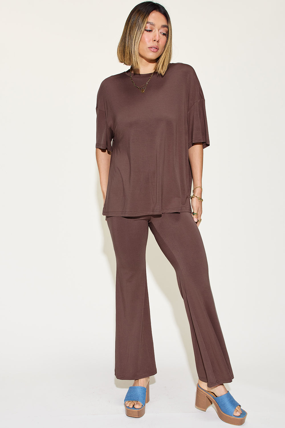 Basic Bae Full Size Bamboo Drop Shoulder T-Shirt and Flare Pants Set - NeoKira Unlimited