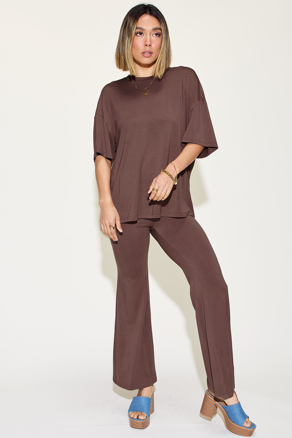 Basic Bae Full Size Bamboo Drop Shoulder T-Shirt and Flare Pants Set - NeoKira Unlimited