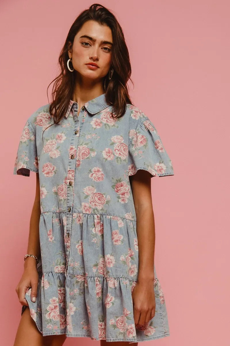 BiBi Vintage Style Blue Floral Washed Tiered Lightweight Mini Shirt Dress - NeoKira Unlimited