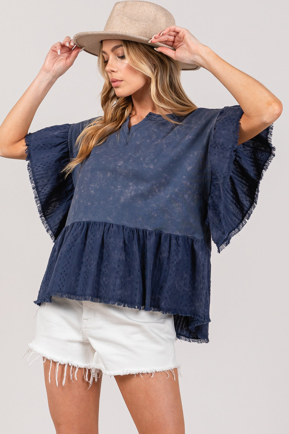 SAGE + FIG Ruffle Sleeve Washed Short Sleeve Blouse Blouse Trendsi Navy S 