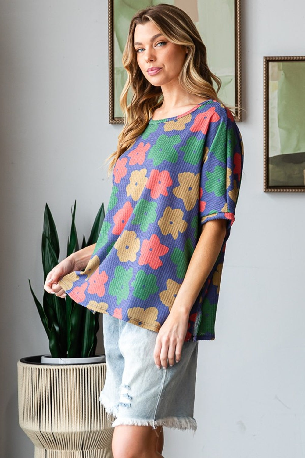 HOPELY Full Size Floral Round Neck Side Slit T-Shirt - NeoKira Unlimited