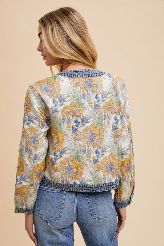 Annie Wear Floral Jacquard Denim Contrast Button Down Jacket - NeoKira Unlimited