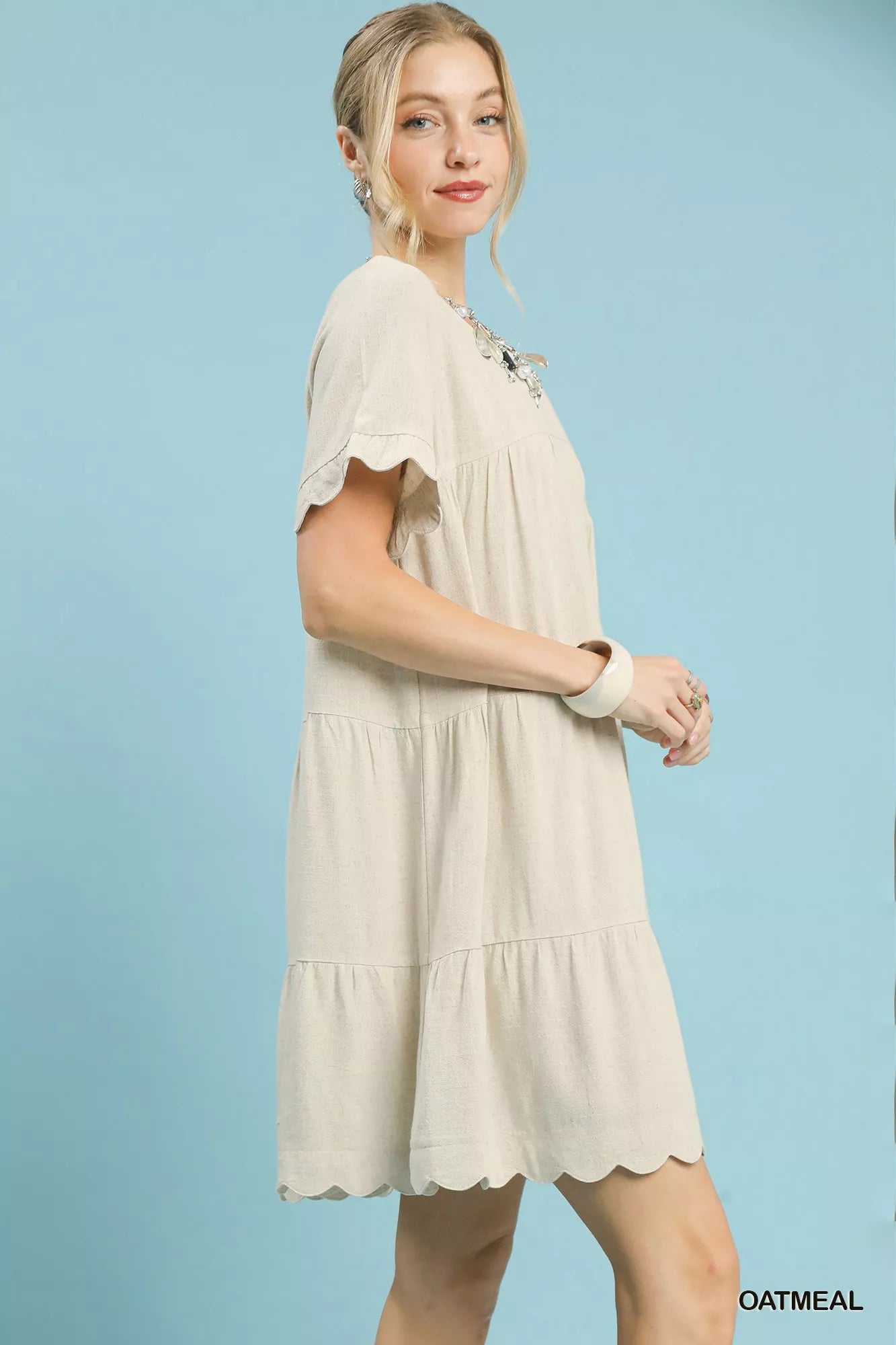 Umgee Linen Tiered Babydoll Dress with Ruffle Sleeves Boho Chic - NeoKira Unlimited