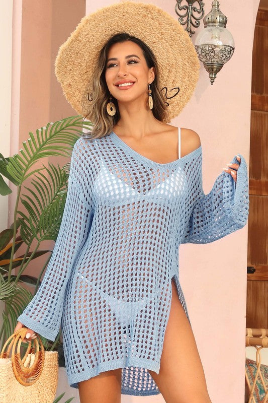 Boho Crochet Knit V-Neck Beach Cover-Up with Side Slits - NeoKira Unlimited