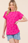 BOMBOM Textured Floral Pattern Short Sleeve T-Shirt T-Shirt Trendsi Fuchsia S 