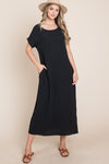 BOMBOM Round Neck Short Sleeve Midi Dress with Pockets Midi Dress Trendsi   