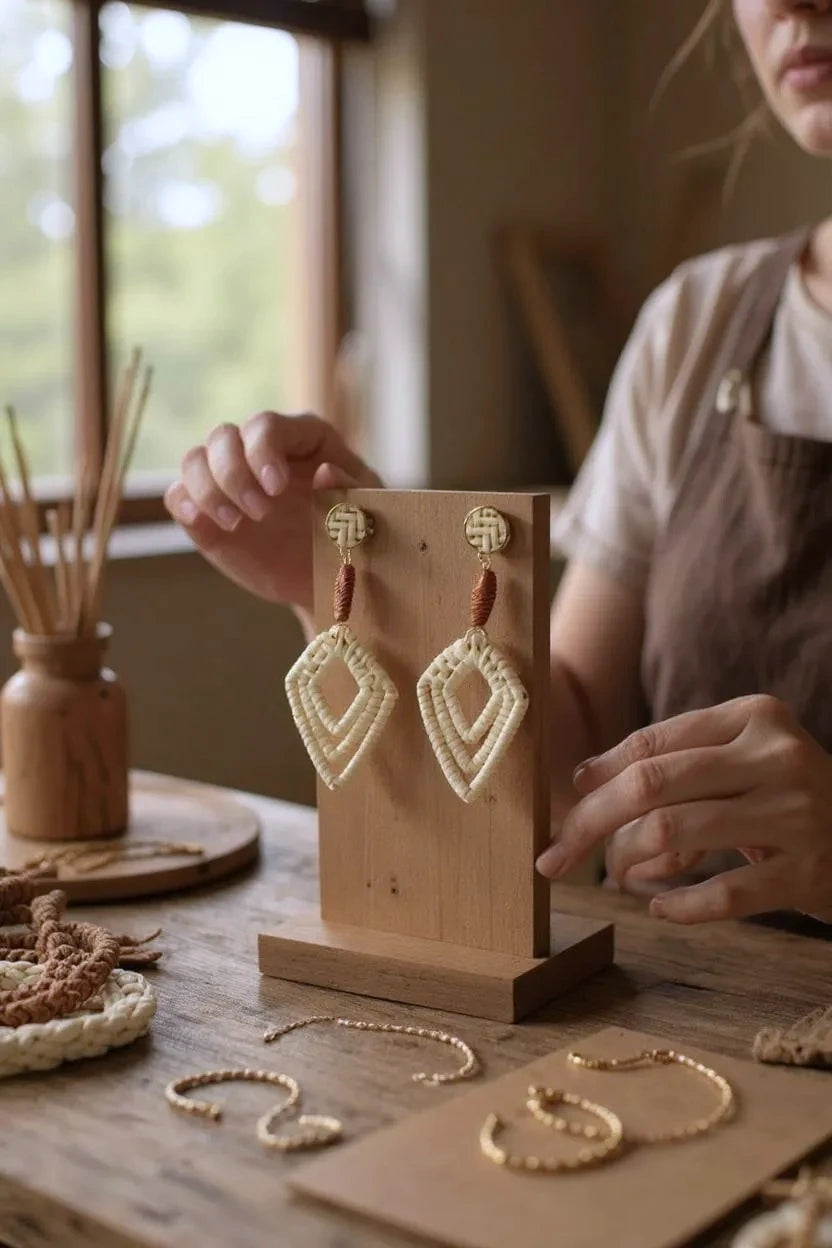 Boho Rattan Woven Hoop Drop Earrings – Lightweight Geometric Statement - NeoKira Unlimited