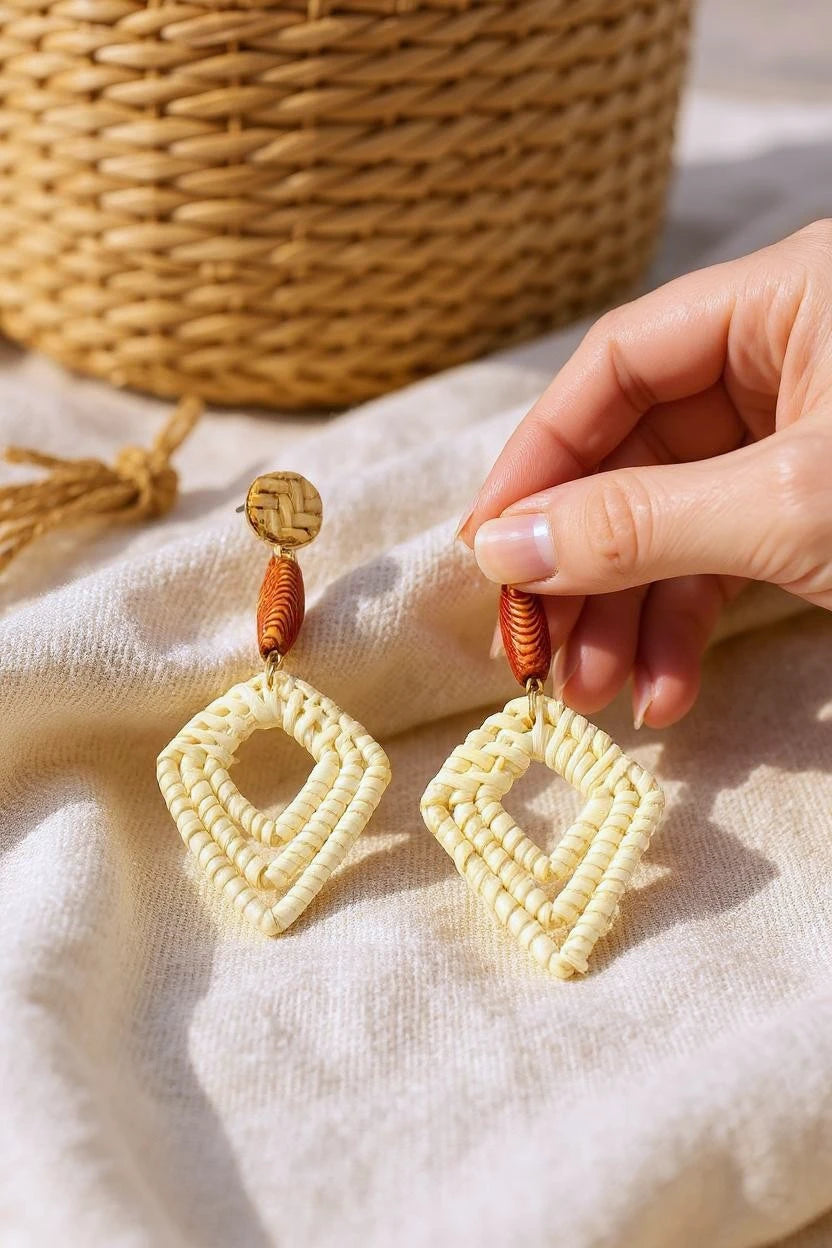 Boho Rattan Woven Hoop Drop Earrings – Lightweight Geometric Statement - NeoKira Unlimited
