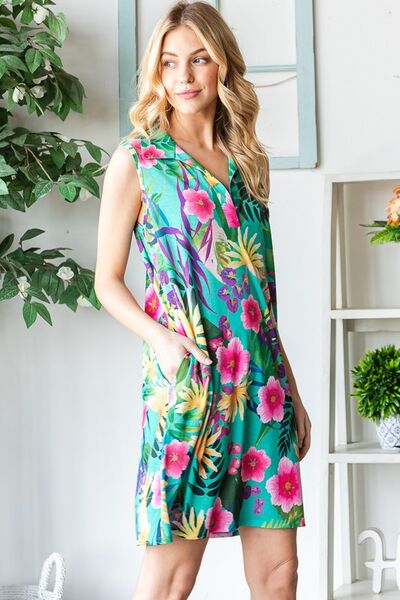 Heimish Full Size Floral Johnny Collar Sleeveless Dress Plus Size - NeoKira Unlimited