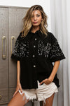 BiBi Sequin Detail Raw Hem Short Sleeve Shirt Shirt Trendsi   