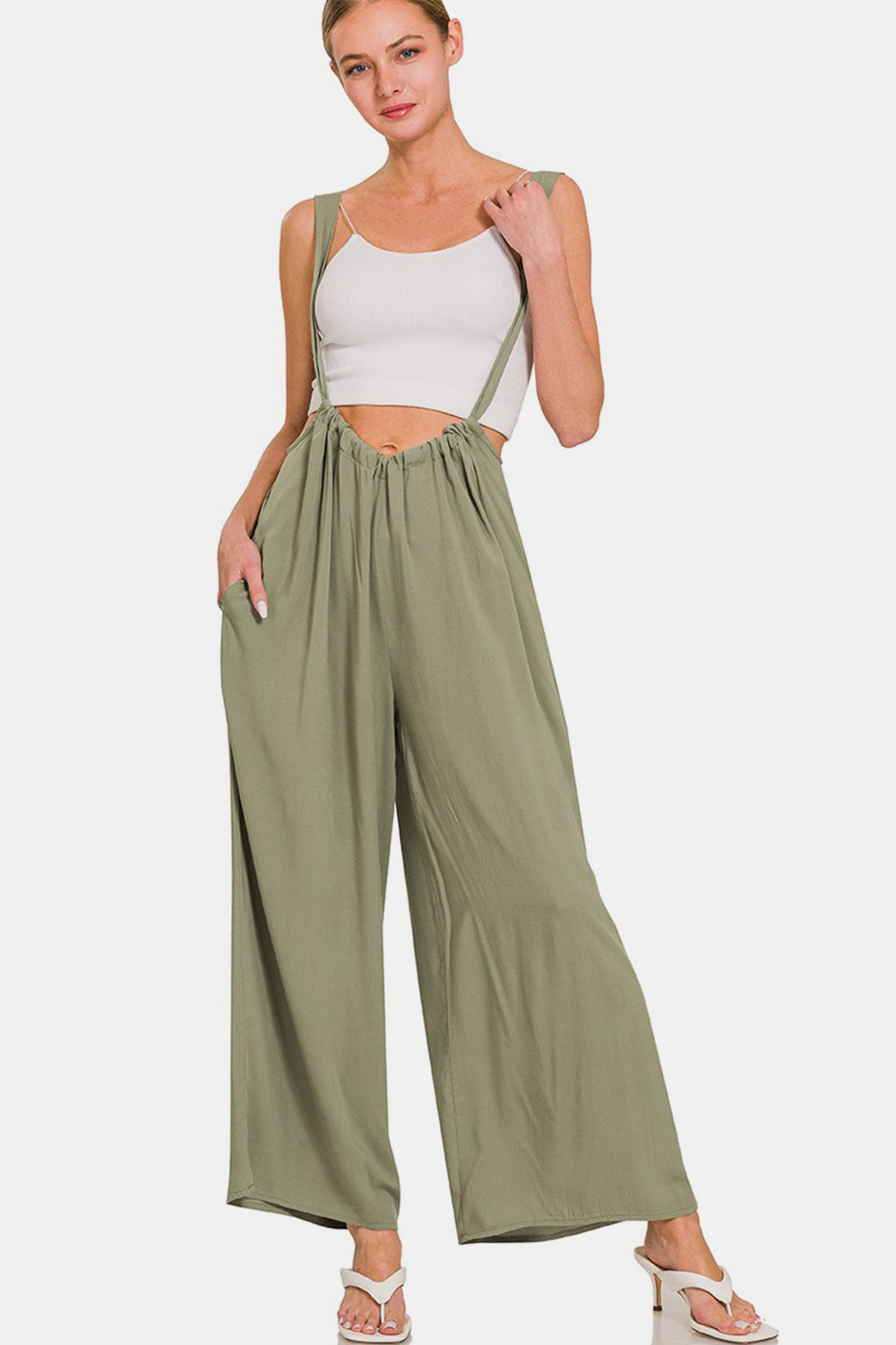 Zenana Pocketed Wide Strap Wide Leg Overalls Overalls Trendsi Lt Olive S 