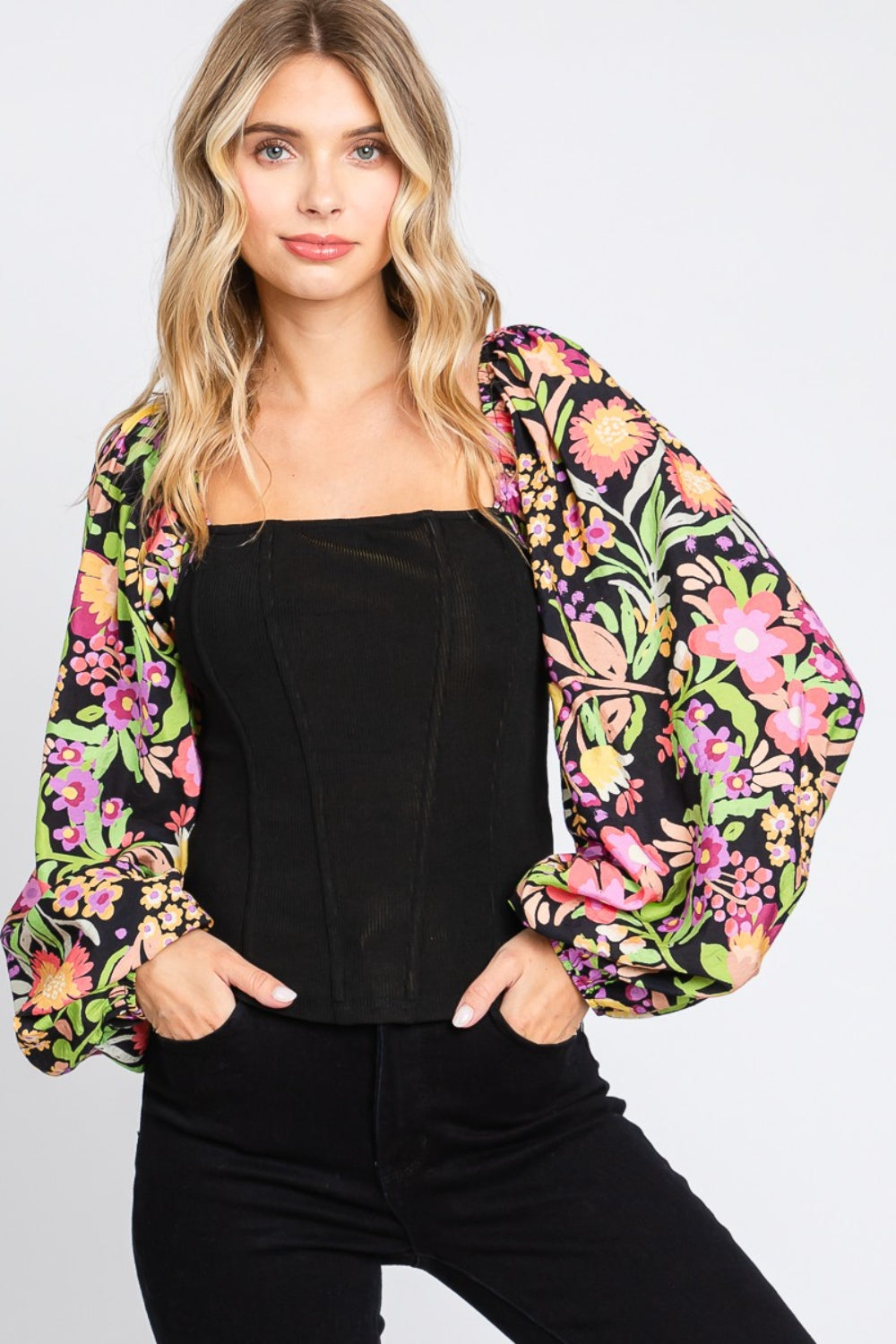 ODDI Full Size Floral Balloon Sleeve Blouse Blouse Trendsi Black S 